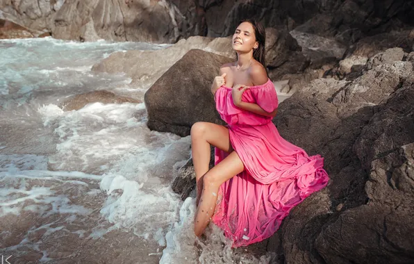 Look, water, girl, smile, stones, dress, legs, sitting