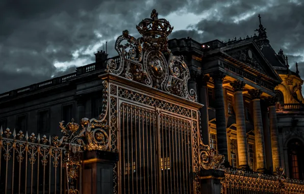 Picture lights, twilight, France, Versailles, architecture, Palace of Versailles, Castle of Versailles, royal gate