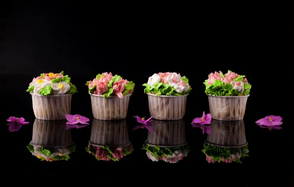 Flowers, reflection, cake, black background, dessert, cupcakes
