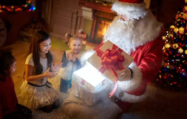 Picture winter, night, children, gift, magic, tree, new year, girl