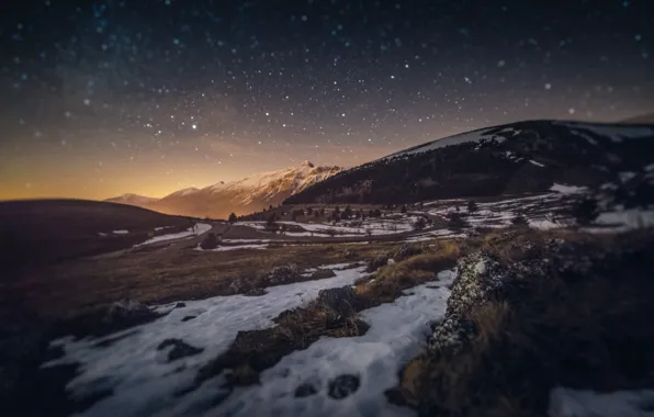 Winter, snow, mountains, night