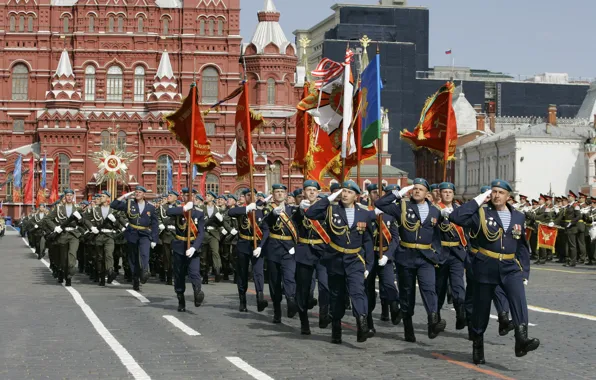 Picture soldiers, Moscow, USSR, flags, Russia, Red square, May 9, military