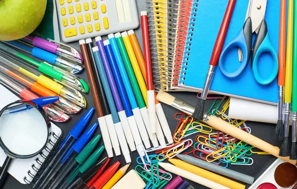 Paint, Apple, pencils, Notepad, handle, magnifier, notebook, crayons