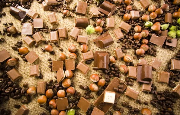 Picture chocolate, coffee beans, hazelnuts