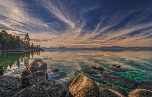 Trees, landscape, nature, lake, stones, shore, USA, Tahoe