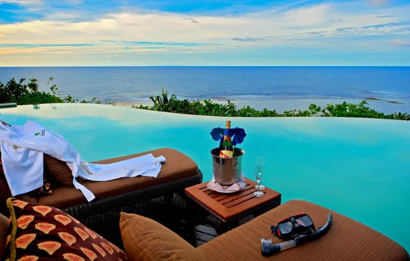 Stay, relax, champagne, sun loungers, fresh drink, blue sea view, terrific infinity pool, stunning infinity …