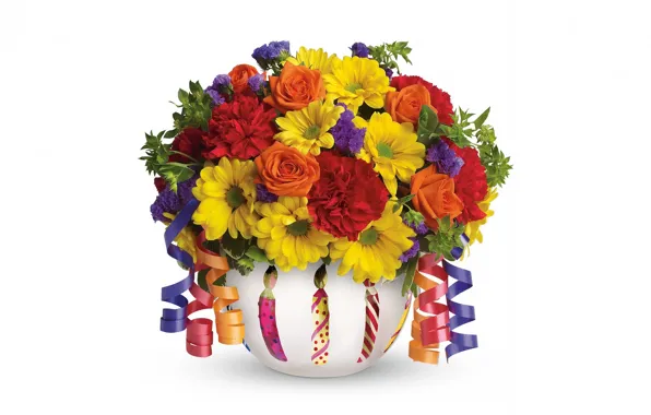 Flowers, roses, bouquet, white background, vase, chrysanthemum, ribbons, clove