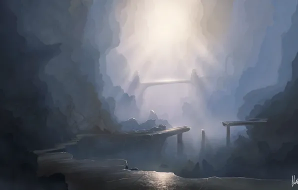 Picture the sun, mountains, bridge, rocks, art, canyon, gorge