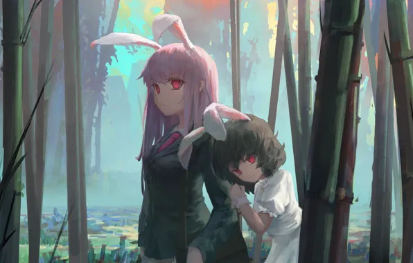 Costume, red eyes, ears, touhou, art, You Xuan, Touhou Project, bamboo forest