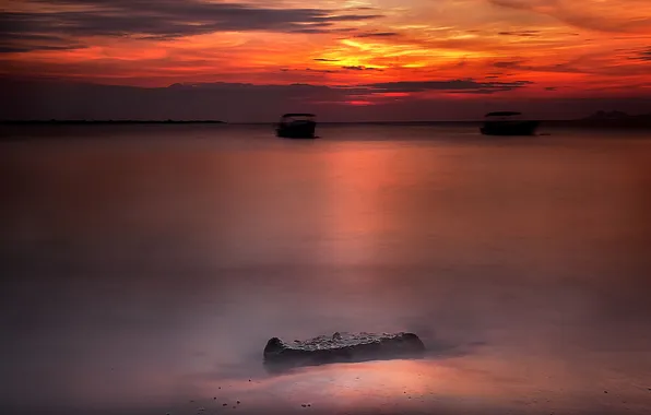 Sea, the sky, clouds, sunset, boat, stone, tide