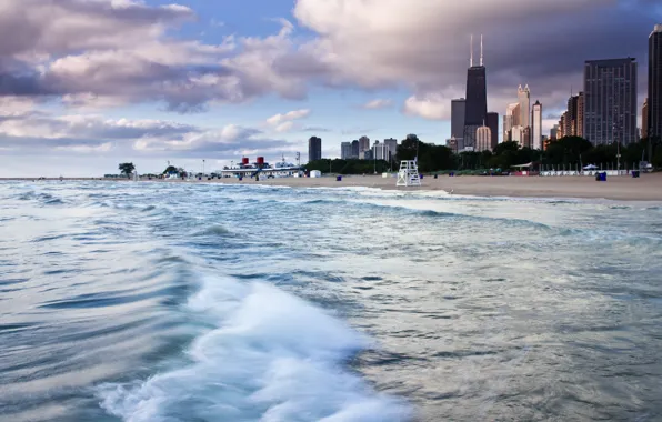 Sand, beach, water, shore, skyscrapers, America, Chicago, USA