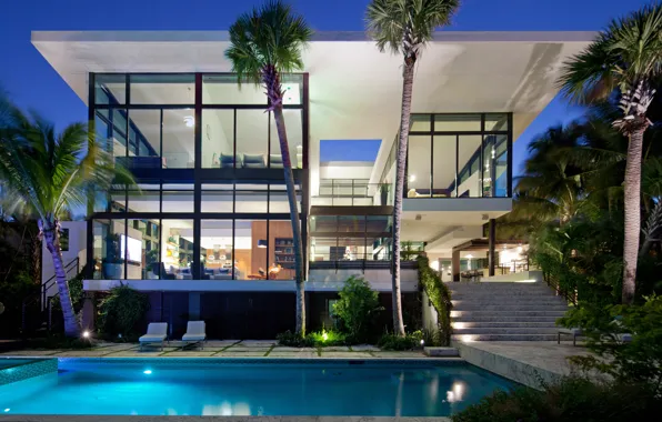 Palm trees, Villa, the evening, pool, lighting, Miami, outside-inside house, Coral Gables House