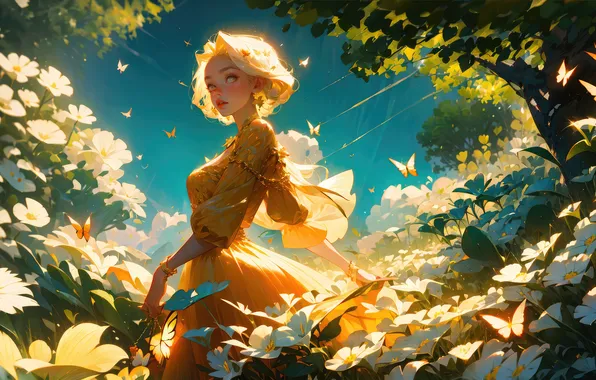 Picture girl, fantasy, butterfly, land