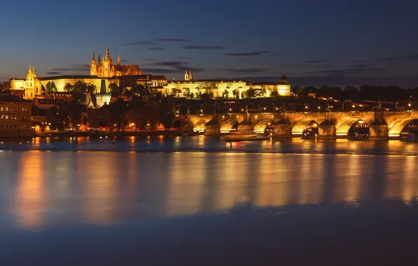 Night, bridge, the city, lights, shore, view, Prague, Czech Republic