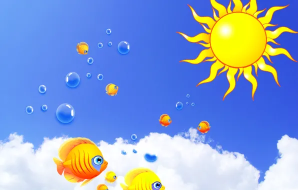 Picture the sky, the sun, clouds, fish, bubbles