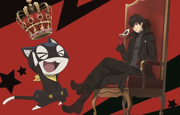 Cat, chair, crown, mask, Joker, guy, the throne, Person 5