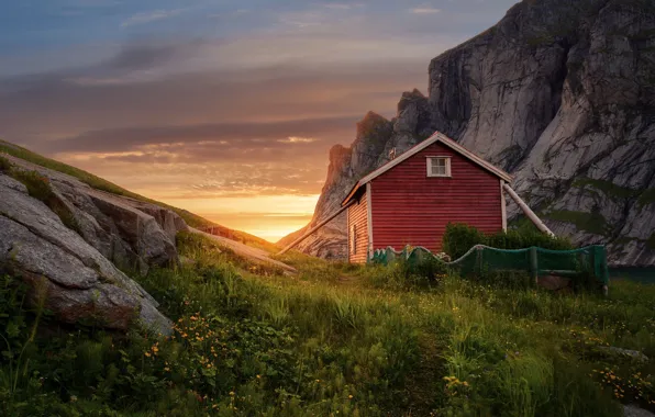 House, rocks, dawn, morning, Norway, Norway, The Lofoten Islands, Lofoten Islands