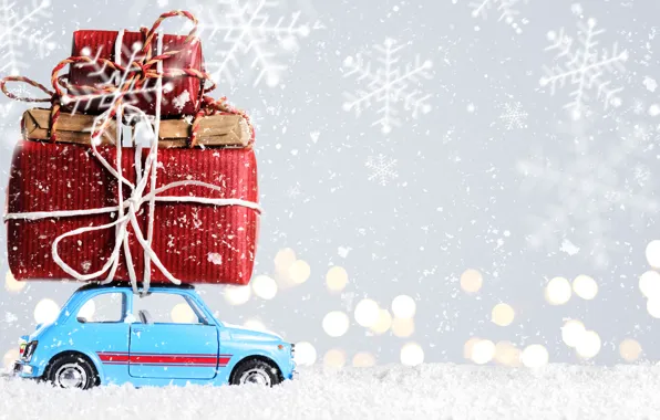 Picture car, snow, New Year, Christmas, gifts, Christmas, snow, Merry Christmas