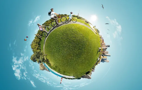 Grass, ball, panorama, cyclists