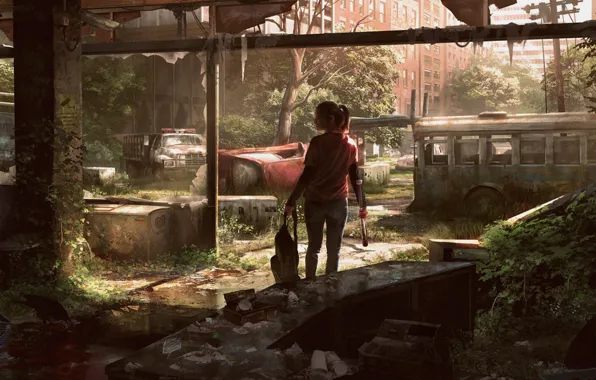 Picture machine, the city, art, girl, bus, Ellie, The Last of Us