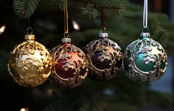 Picture decoration, background, balls, tree, New Year, Christmas, golden, new year