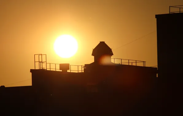 Roof, the sun, the city, Sunset, the evening