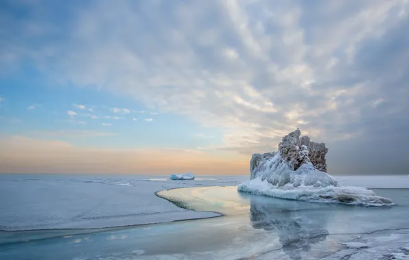 Cold, ice, winter, the sky, water, clouds, snow, landscape