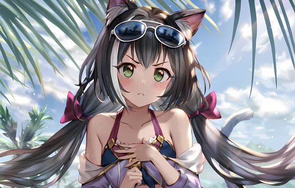 Girl, sexy, cleavage, long hair, boobs, animal ears, anime, beautiful