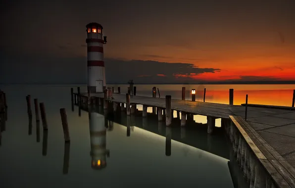 Picture sea, landscape, night, bridge, lighthouse, shadows