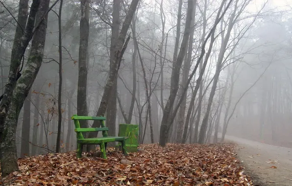 Picture road, autumn, leaves, fog, bench