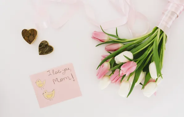 Picture the inscription, bouquet, hearts, tulips, congratulations, postcard, Mother's day