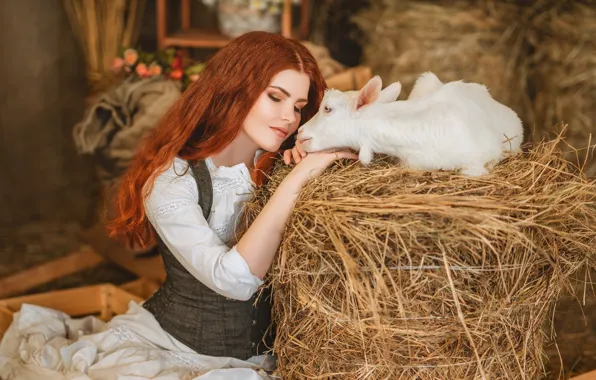Picture girl, hay, red, redhead, goat, closed eyes, goat, Diana Lipkina