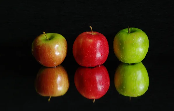 Picture water, drops, macro, reflection, apples, fruit