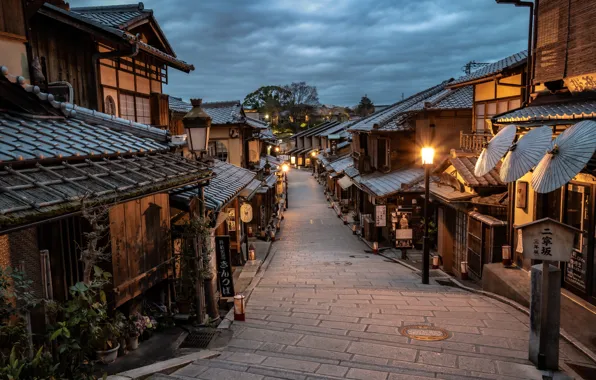 Picture the city, street, home, the evening, Japan, lights, Kyoto