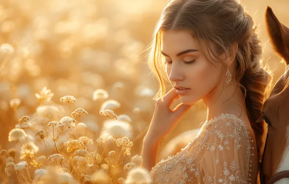 Summer, girl, light, flowers, pose, horse, horse, hand