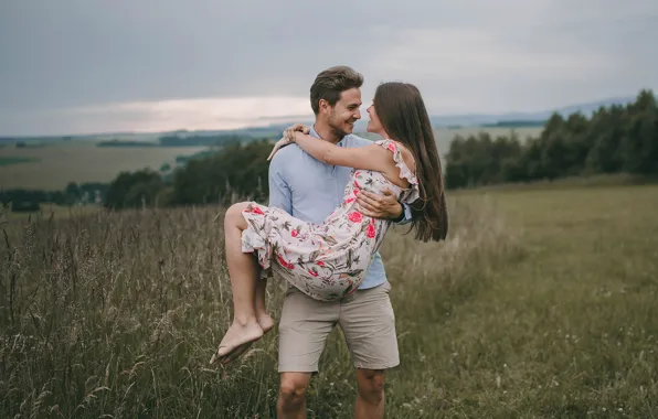 Field, summer, girl, joy, smile, dress, male, lovers