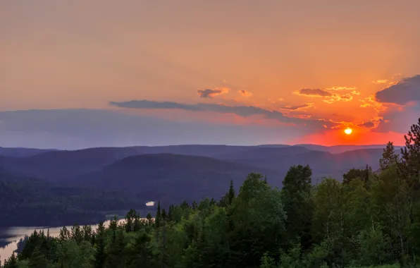 Forest, sunset, mountains, lake, Canada, Canada, Quebec, QC
