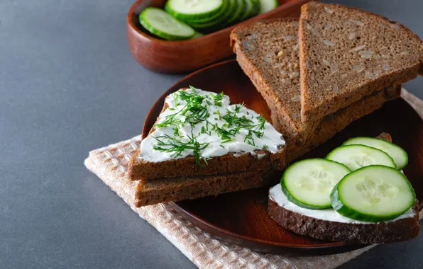 Greens, table, dill, plate, bread, pieces, grey background, sandwich