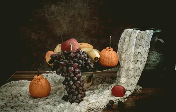 The dark background, table, apples, grapes, bananas, fabric, fruit, still life