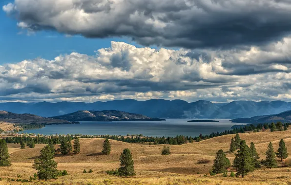 Autumn, the sky, grass, clouds, trees, mountains, lake, hills