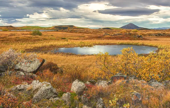 Picture autumn, the sky, grass, mountains, clouds, lake, stones, crater