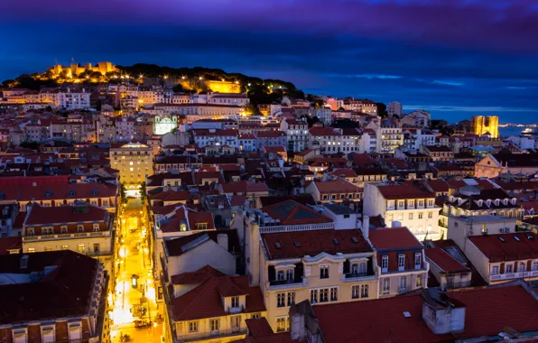 The sky, night, lights, building, home, backlight, fortress, Portugal