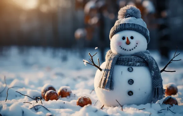 Winter, snow, Christmas, New year, snowman, Christmas, snow, bokeh