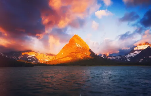 Light, lake, mountain, morning, Montana, USA, state, Glacier national Park
