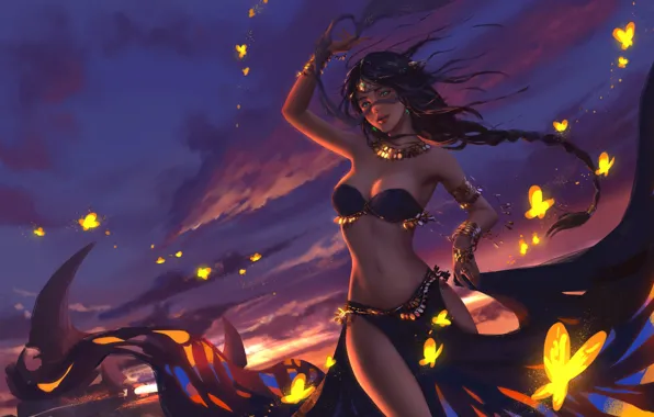 Sunset, Girl, The evening, Figure, East, Girl, Butterfly, Dance