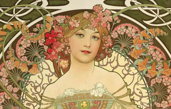 Figure, painting, composition, female images, Alphonse Mucha, Alfons Maria Mucha, beauty with flowers