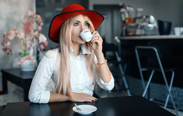 Girl, hat, tables, blonde, Cup, Alessandro Di Cicco