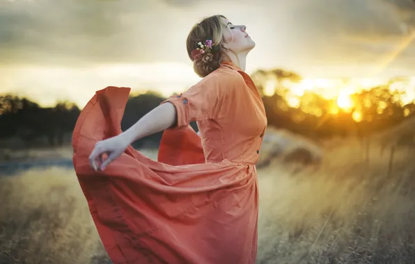 Picture girl, sunset, dress, profile