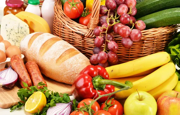 Greens, lemon, apples, eggs, cheese, milk, bread, grapes