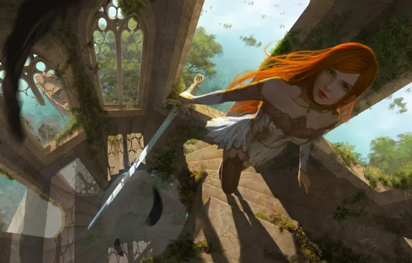 Picture look, girl, nature, weapons, fiction, Windows, tower, sword